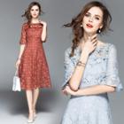Elbow-sleeve Perforated Lace A-line Midi Dress