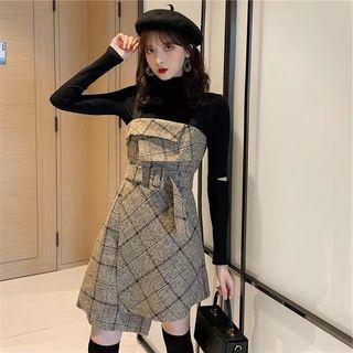 Set: Strappy Plaid A-line Dress + Long-sleeve T-shirt