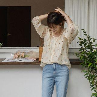 Round-neck Embroidered Sheer Blouse