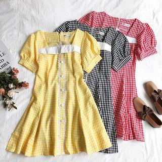 Puff-sleeve Square Neck Plaid A-line Dress