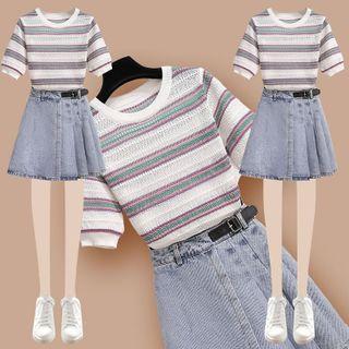 Short-sleeve Striped Knit Top / Denim Mini A-line Skirt