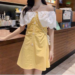 Off-shoulder Eyelet Panel Mini A-line Dress