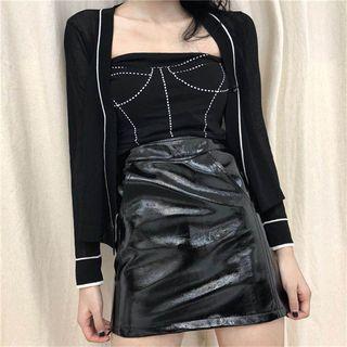 Plain Cardigan / Color-block Tube Top / High-waist Skirt