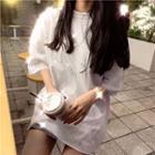 Elbow-sleeve Mesh Overlay Sequin T-shirt