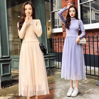 Mock Two-piece Long-sleeve Knit Panel Midi Pleated Mesh Dress