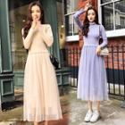 Mock Two-piece Long-sleeve Knit Panel Midi Pleated Mesh Dress