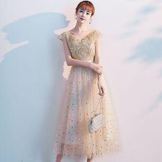 Sleeveless Embroidered Sequined A-line Mesh Evening Dress