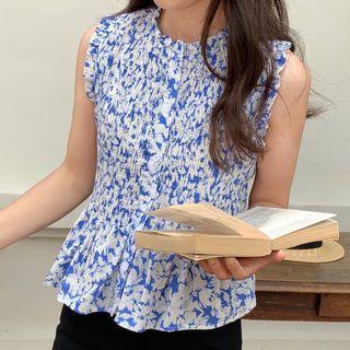 Sleeveless Flower Print Blouse Blue - One Size
