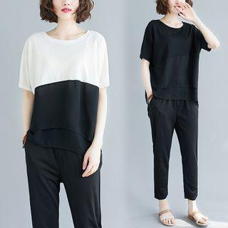 Set: Short-sleeve Chiffon T-shirt + Straight-fit Capri Pants