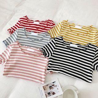 Striped Frilled Short-sleeve Slim-fit Cropped Top