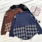 Color-block Plaid Crewneck Loose-fit Top Coffee - One Size