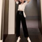 Set: Rhinestone Short-sleeve Drawstring Blouse + Wide Leg Pants