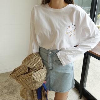 Long-sleeve Duckling Print Cotton T-shirt