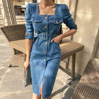 Square-neck Belted Denim Coatdress