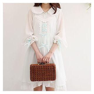 Set: Sleeveless Lace-up Dress + Capelet Stripe Dress