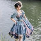 Set: Short-sleeve A-line Dress + Vest + Arm Sleeves