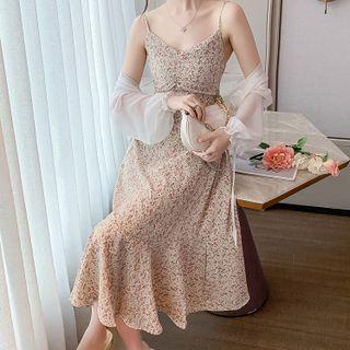 Spaghetti Strap Floral Print Midi Dress / Tied Cover-up