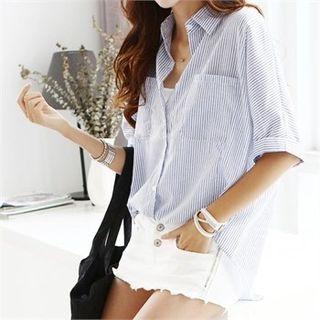 Elbow-sleeve Stripe Shirt Blue - One Size