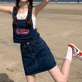 Lettering Embroidered Denim Camisole Top / Mini Skirt