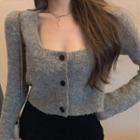 Long-sleeve Button-up Knit Crop Top Gray - One Size