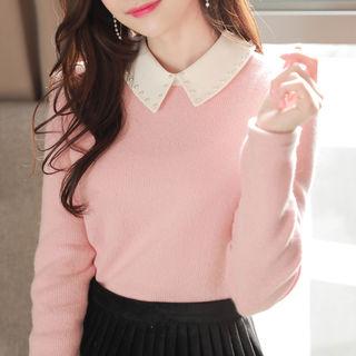 Beaded Contrast-collar Knit Top