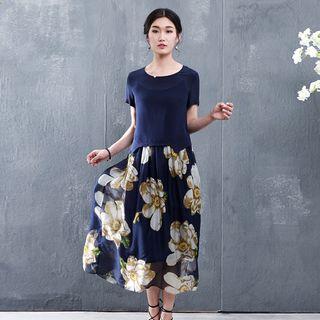 Set: Short-sleeve Top + Floral Midi Skirt
