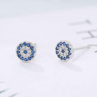 925 Sterling Silver Rhinestone Disc Stud Earring Blue - One Size