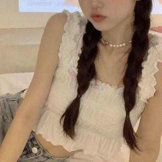 Flower Detail Ruffle Tank Top Flower - White - One Size