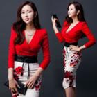 Set: Long-sleeve V-neck Top + Floral Midi Skirt