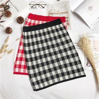 Plaid Knit Pencil Skirt