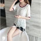 Short-sleeve Fringed-hem Perforated Sweater