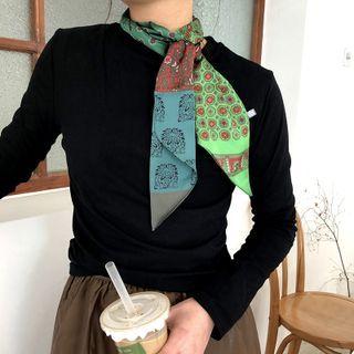 Printed Satin Narrow Scarf Green - 140x14cm - M604