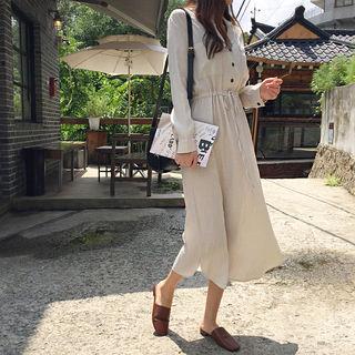 Half-placket Drawstring-waist Dress Light Beige - One Size