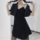Short-sleeve Cropped Blouse / Spaghetti Strap Asymmetrical Mini A-line Dress