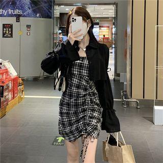 Spaghetti Strap Plaid Mini Dress / Cropped Shirt