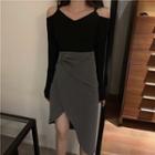 Off-shoulder Long-sleeved Top / Wrapped Mini Skirt