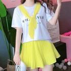 Set: Short-sleeve Tie-front Lettering T-shirt + Mini A-line Skirt Set Of 2 - T-shirt & Skirt - White & Yellow - One Size