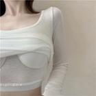 Plain Padded Long-sleeve Slim-fit Cropped Top