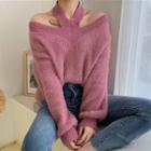 Cut-out Lantern-sleeve Sweater Rose Pink - One Size