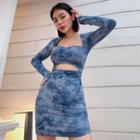 Long-sleeve Tie-dyed Cutout A-line Dress