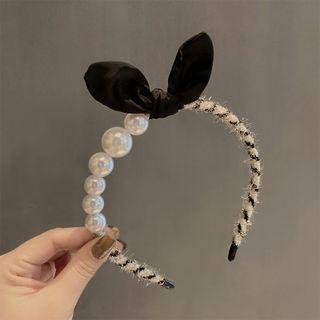 Bow Faux Pearl Headband 01 - Faux Pearl & Stripe - Black & White - One Size