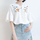 Flower Embroidered Elbow Sleeve Top