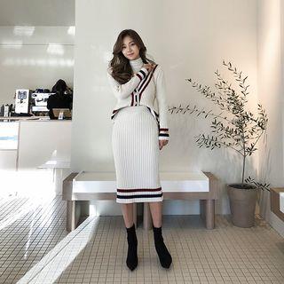 Ringer Rib-knit Set : Cardigan + Skirt