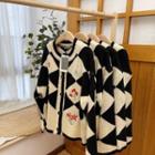 Floral Embroidered Checkerboard Cardigan Black & White - One Size