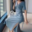 Short Sleeve V-neck Slit Drawstring Knit Dress