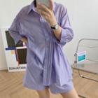 Set: Long-sleeve Crinkled Shirt + Wide-leg Shorts