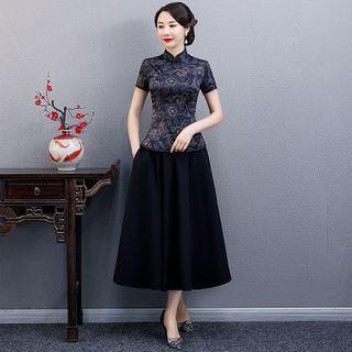 Floral Short-sleeve Qipao Top / Midi A-line Skirt / Set