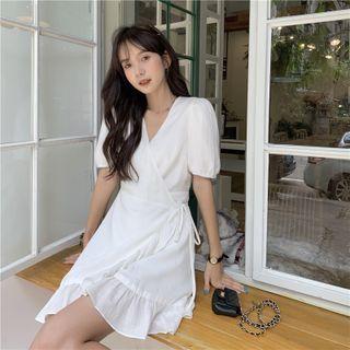 Puff-sleeve V-neck Mini A-line Dress White - One Size