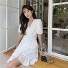 Puff-sleeve V-neck Mini A-line Dress White - One Size