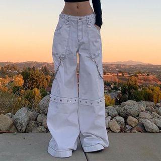 High-waist Chain Detail Studded Wide-leg Pants